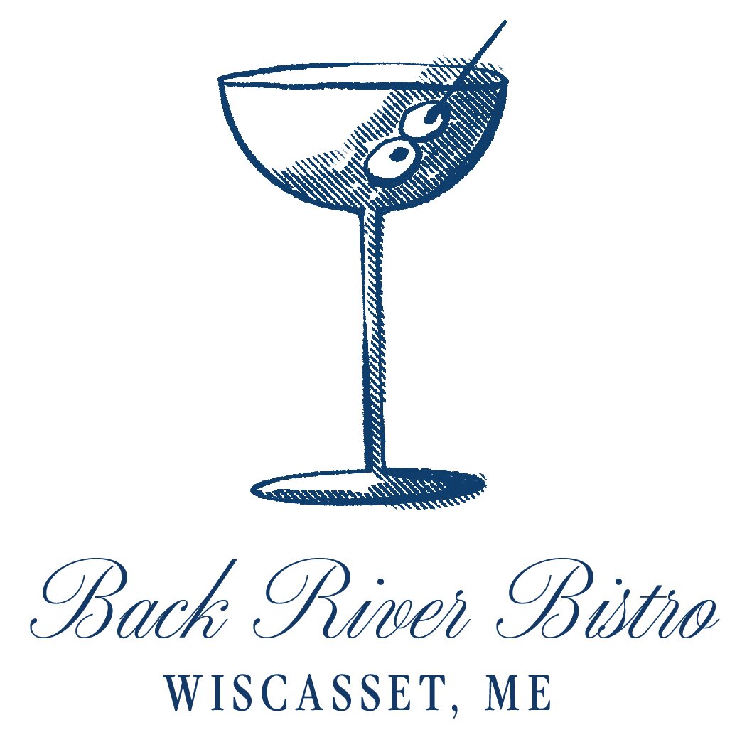 A glass of wine with a straw in it. The logo for Back River Bistro in Wiscasset Maine