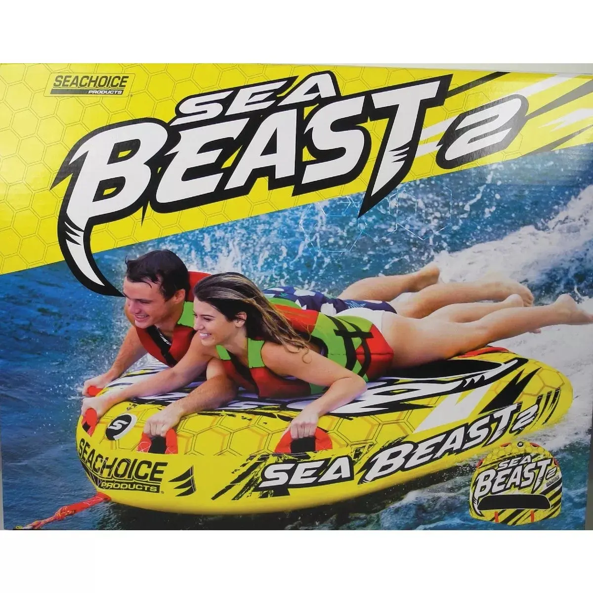 A man and woman are riding a yellow watercraft.